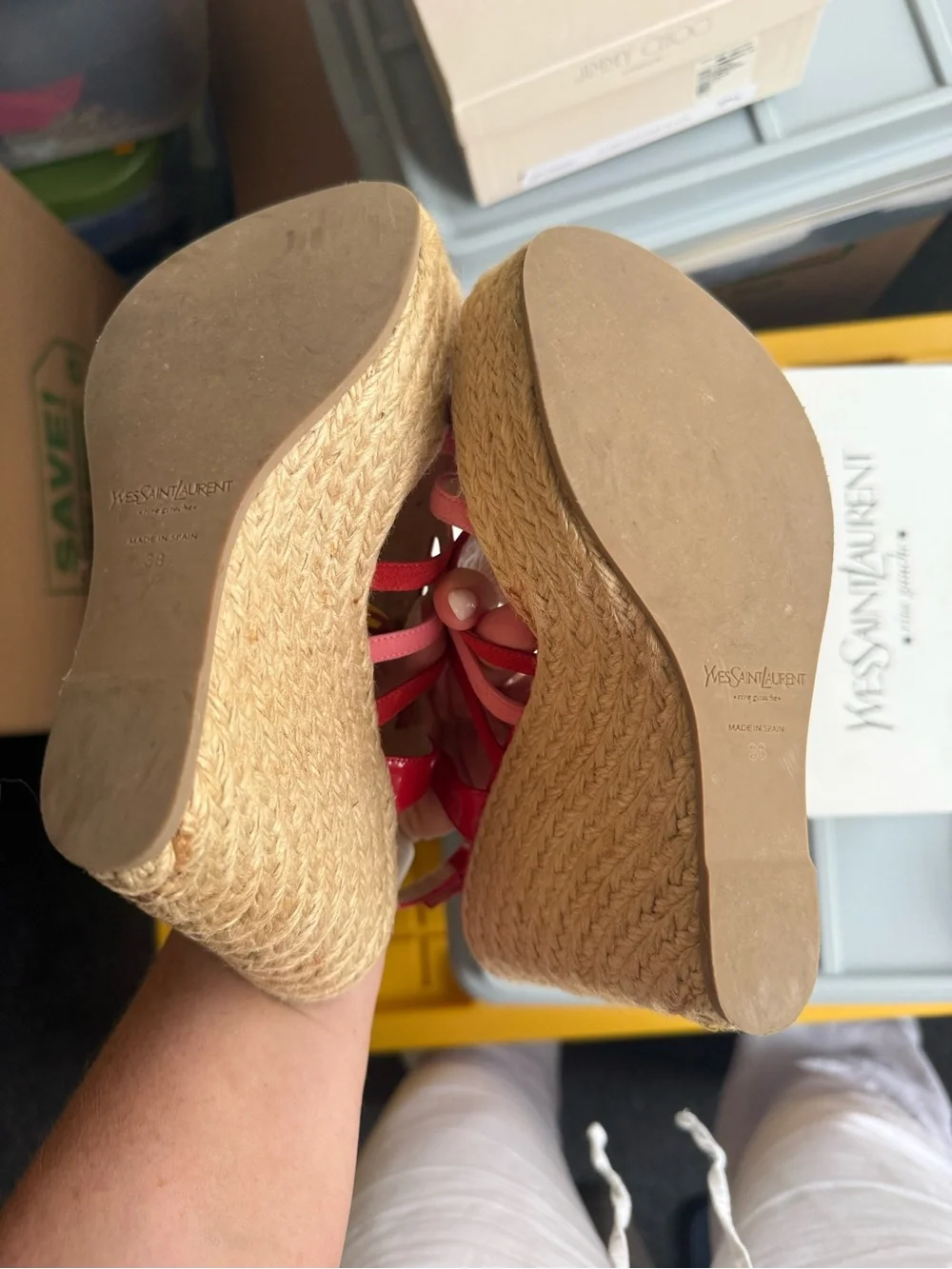 Yves Saint Laurent Pink and Red Wedge Espadrille Sandals